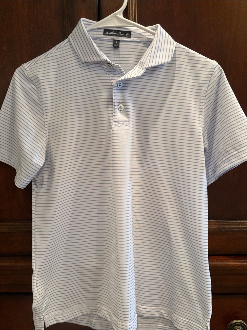 ✨ LIKE NEW ✨ boys White Southern Point Co Polo with Thin Blue Stripes, YL